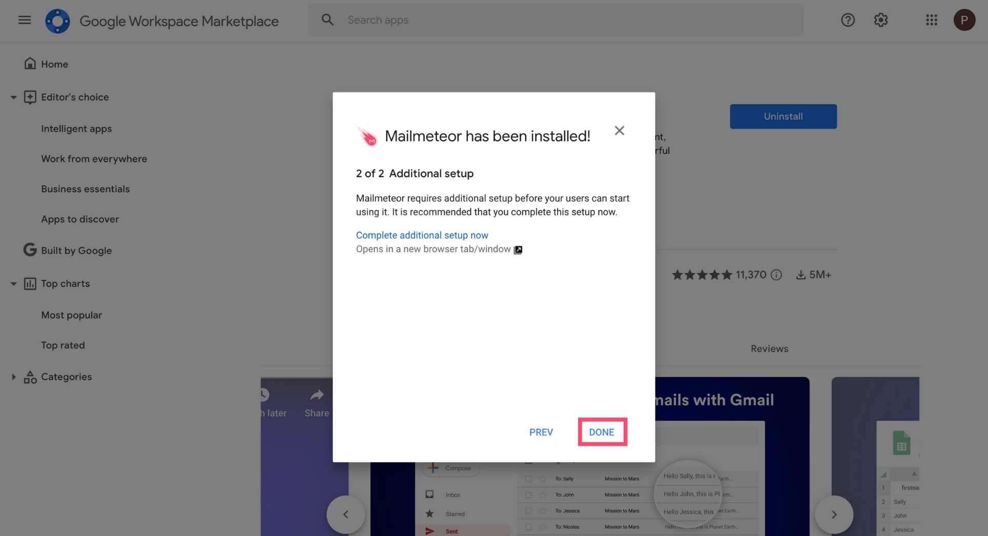 Click on "Done" to finish installing Mailmeteor